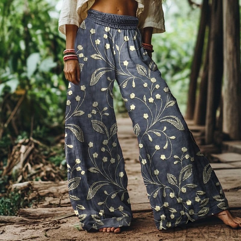 Mid-waist Flower Bud Wide-leg Casual Pants