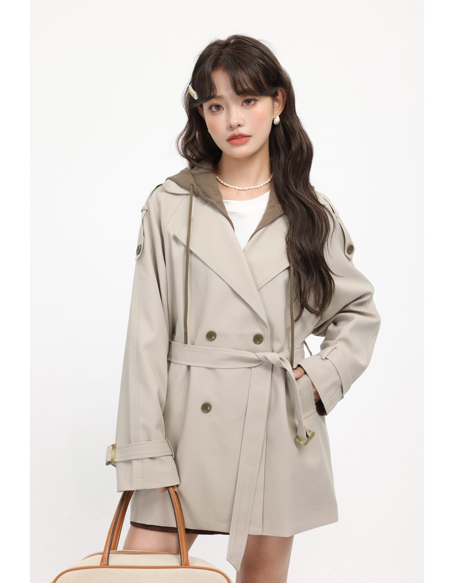 French Hepburn-style Faux Two-piece Hooded Trench Coat - Image 3