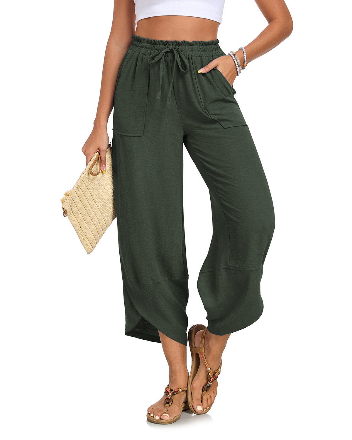 Women's Petal-Print Drawstring Elastic Waist Cropped Wide-Leg Pants - Image 10