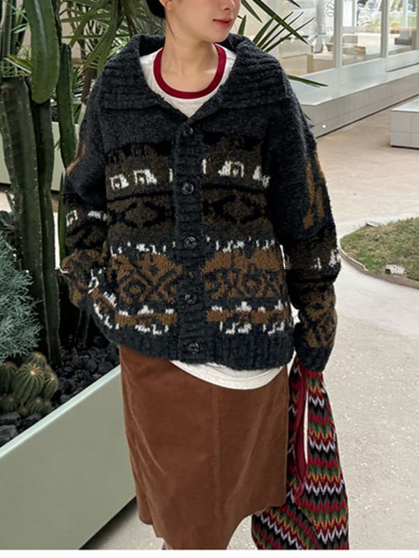 Fair Isle Retro Ethnic Style Cable-Knit Cardigan Sweater - Image 4