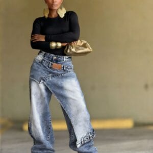 Deconstructed Layered Washed Denim Jeans