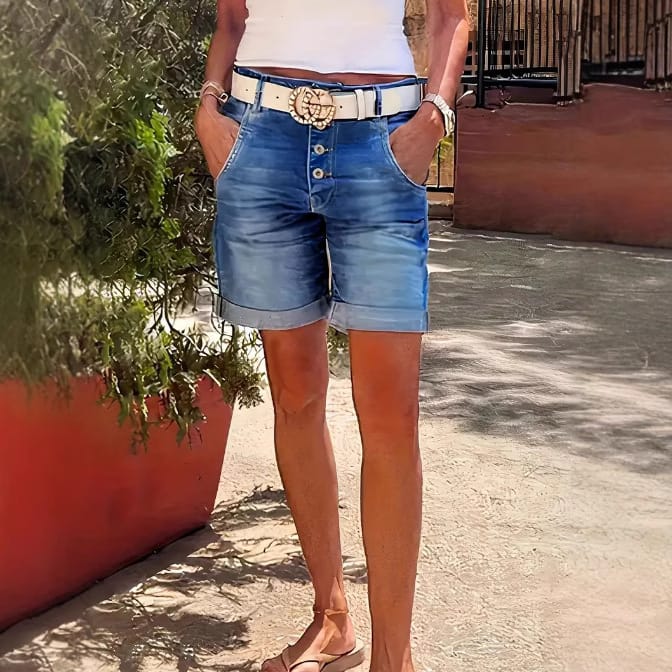 Womens High-Waist Denim Cropped Pants With Elastic Waist And Rolled Hem - Image 6