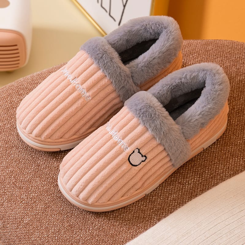 Corduroy Striped Faux Rabbit-Fur Slippers For Couples - Image 4
