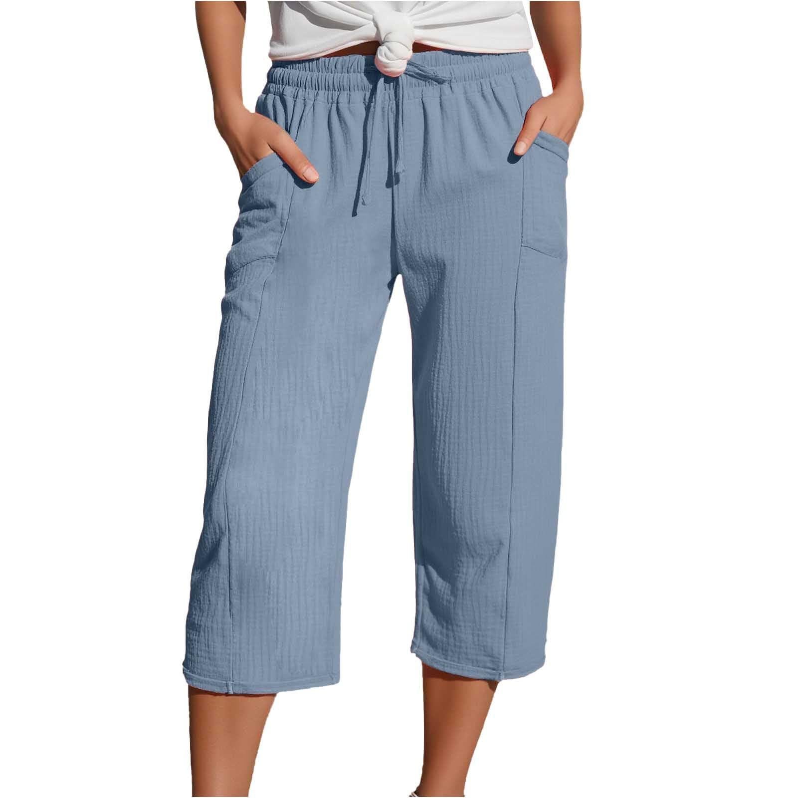 Women's Cotton-Linen Solid-Color Casual Cropped Pants With Elastic Waist - Image 8