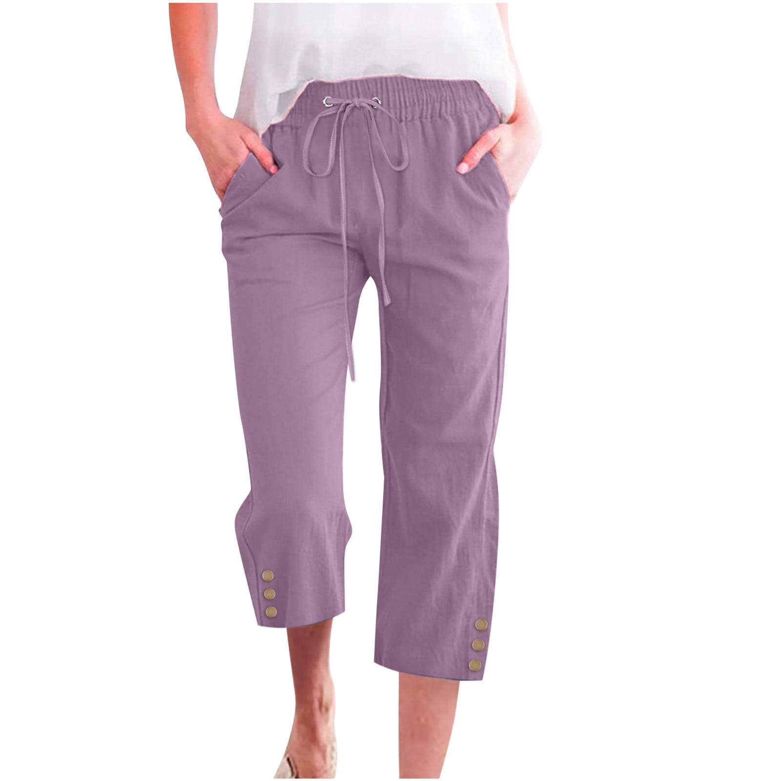 Womens Solid-Colored Drawstring Cotton-Linen Casual Loose-Fit Home Cropped Pants With Buttons And Pockets - Image 10