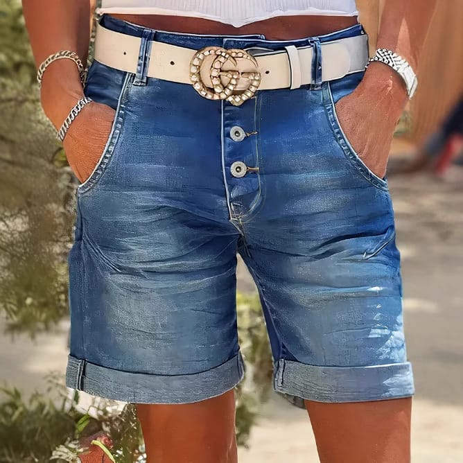 Womens High-Waist Denim Cropped Pants With Elastic Waist And Rolled Hem - Image 5