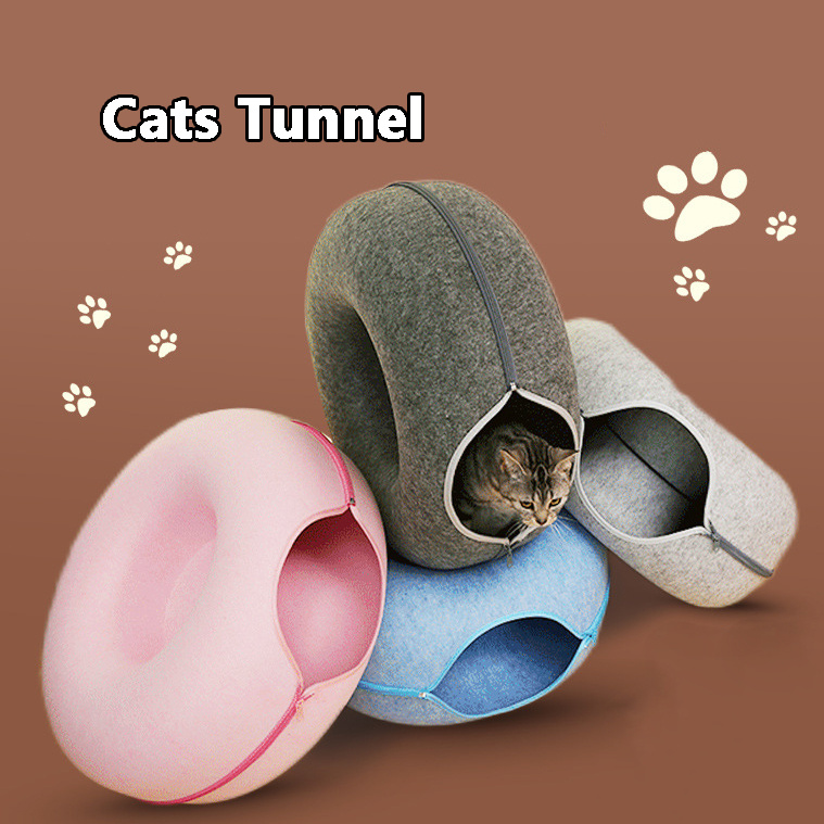Four Seasons Available Cat Nest Round Woolen Felt Pet Dual-use Cat Nest Tunnel Interactive Training Toy Grey Felt Cat Nest - Image 7