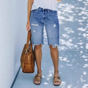 Casual Mid-Length Ripped Denim Shorts
