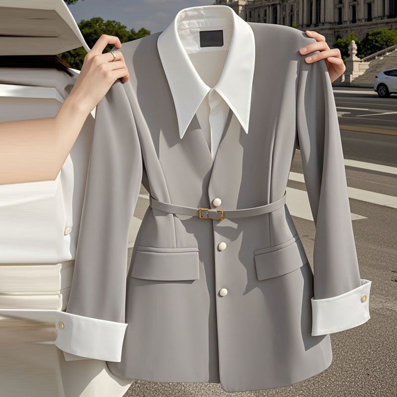 Womens Waist-Cinching Black Fake Two-Piece Blazer - Image 3