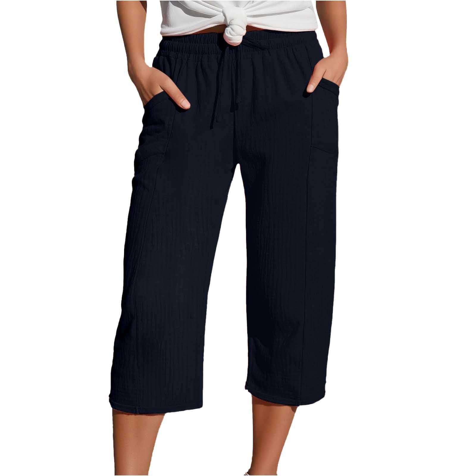 Women's Cotton-Linen Solid-Color Casual Cropped Pants With Elastic Waist - Image 4