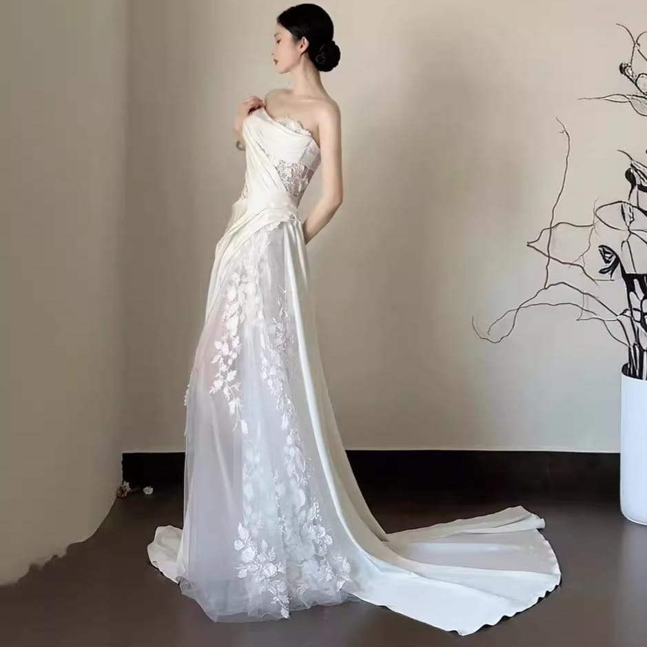 Satin Lace Wedding Veil Tube Top Fishtail Wedding Dress - Image 6