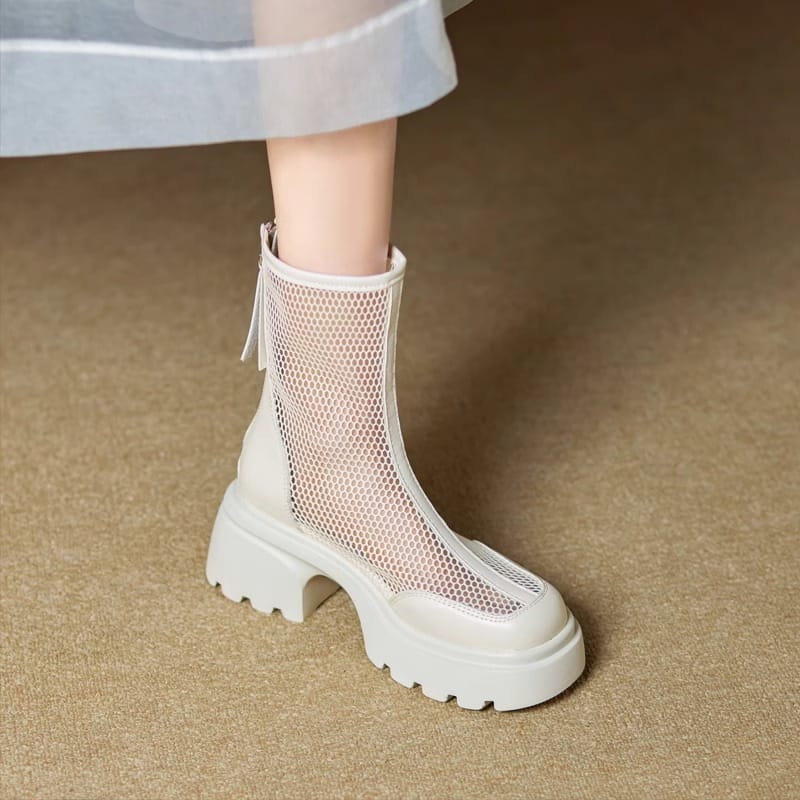 Summer Hollow Out Breathable Mesh Platform Chunky Heel Boot - Image 5