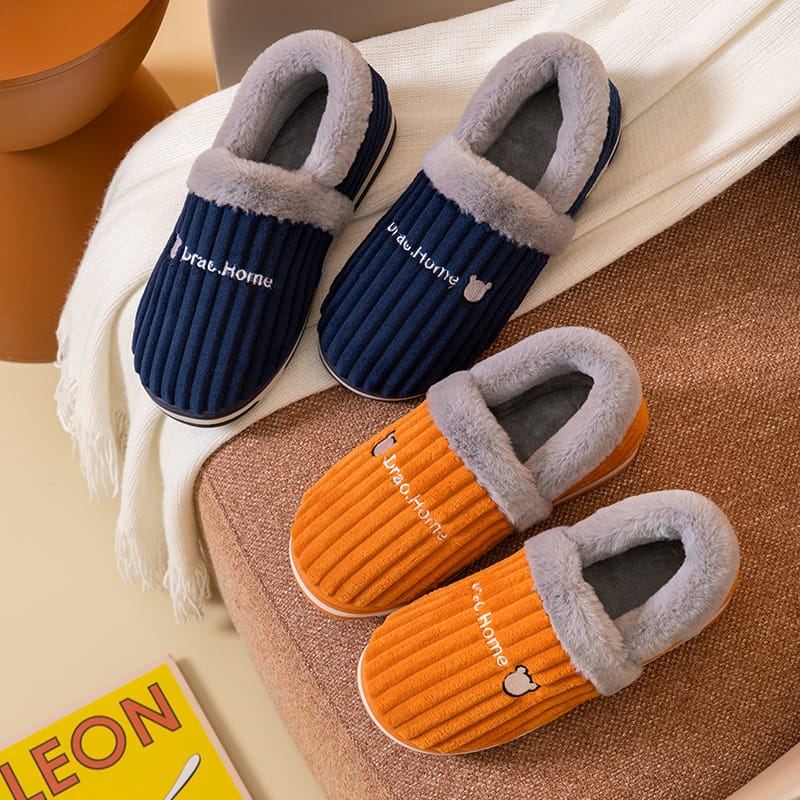 Corduroy Striped Faux Rabbit-Fur Slippers For Couples - Image 7