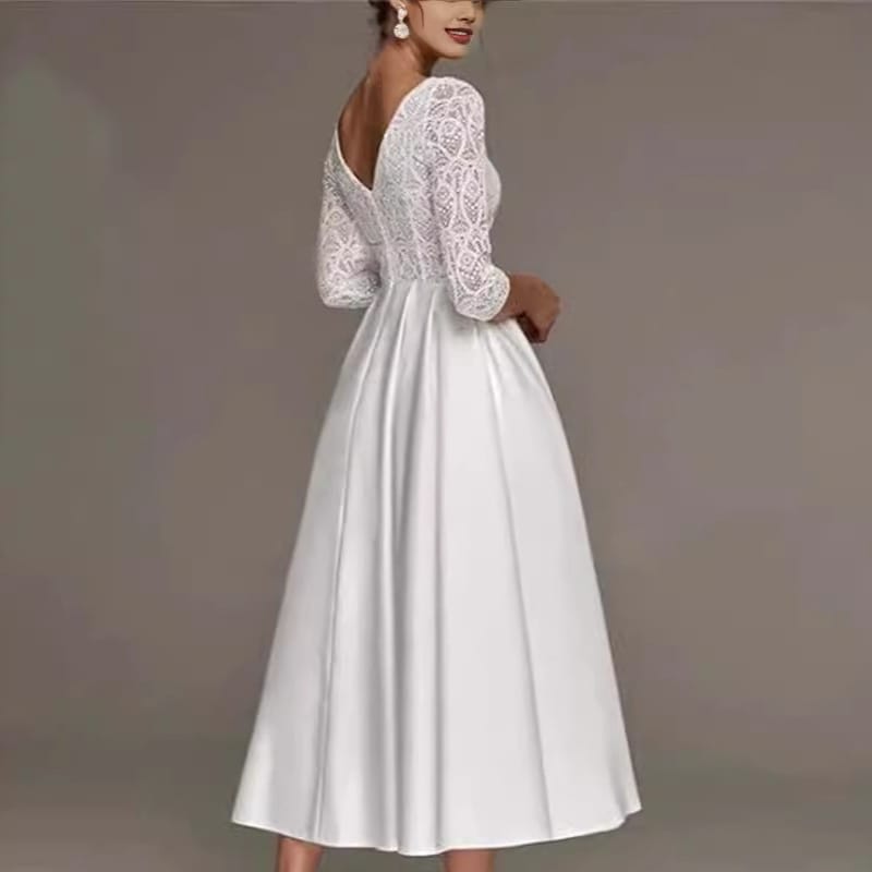 Bridal Deep V-neck Slim Lace Mid-length Long Sleeve Wedding Dress - Image 2