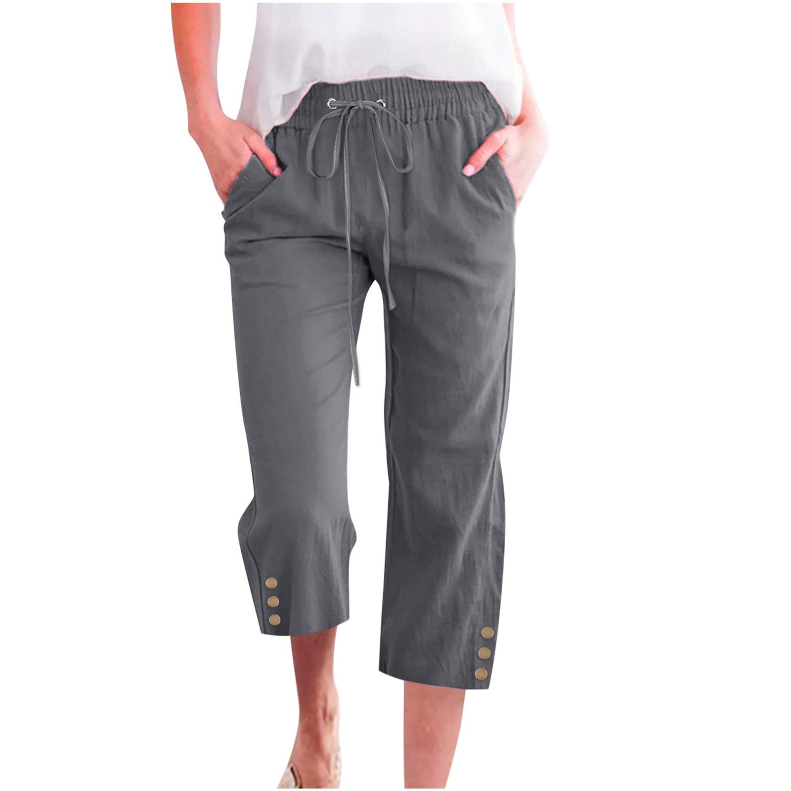 Womens Solid-Colored Drawstring Cotton-Linen Casual Loose-Fit Home Cropped Pants With Buttons And Pockets - Image 2