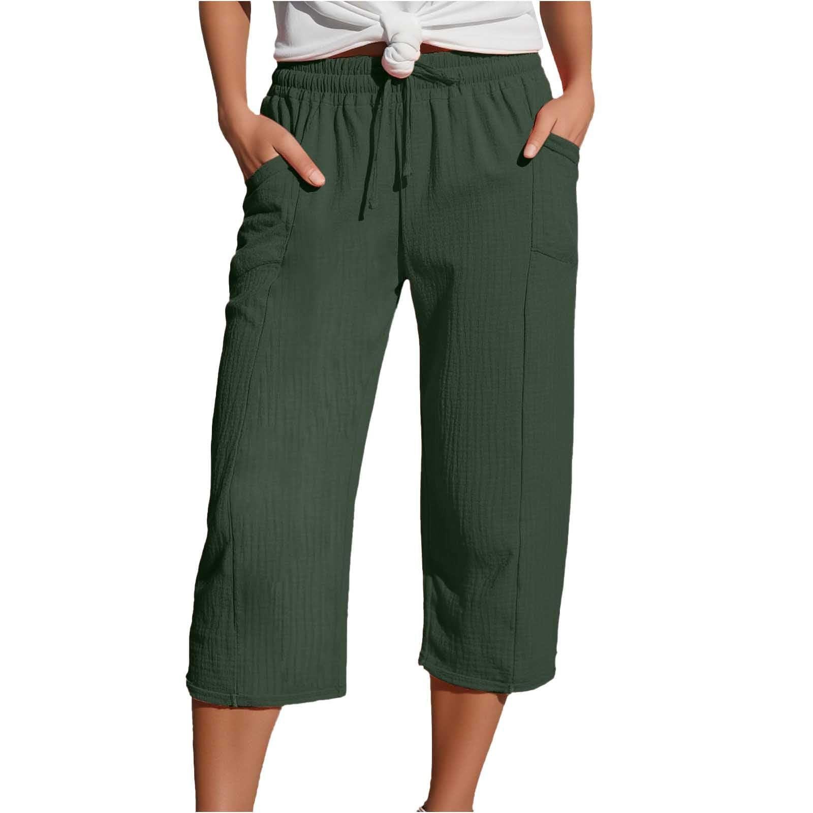 Women's Cotton-Linen Solid-Color Casual Cropped Pants With Elastic Waist - Image 7