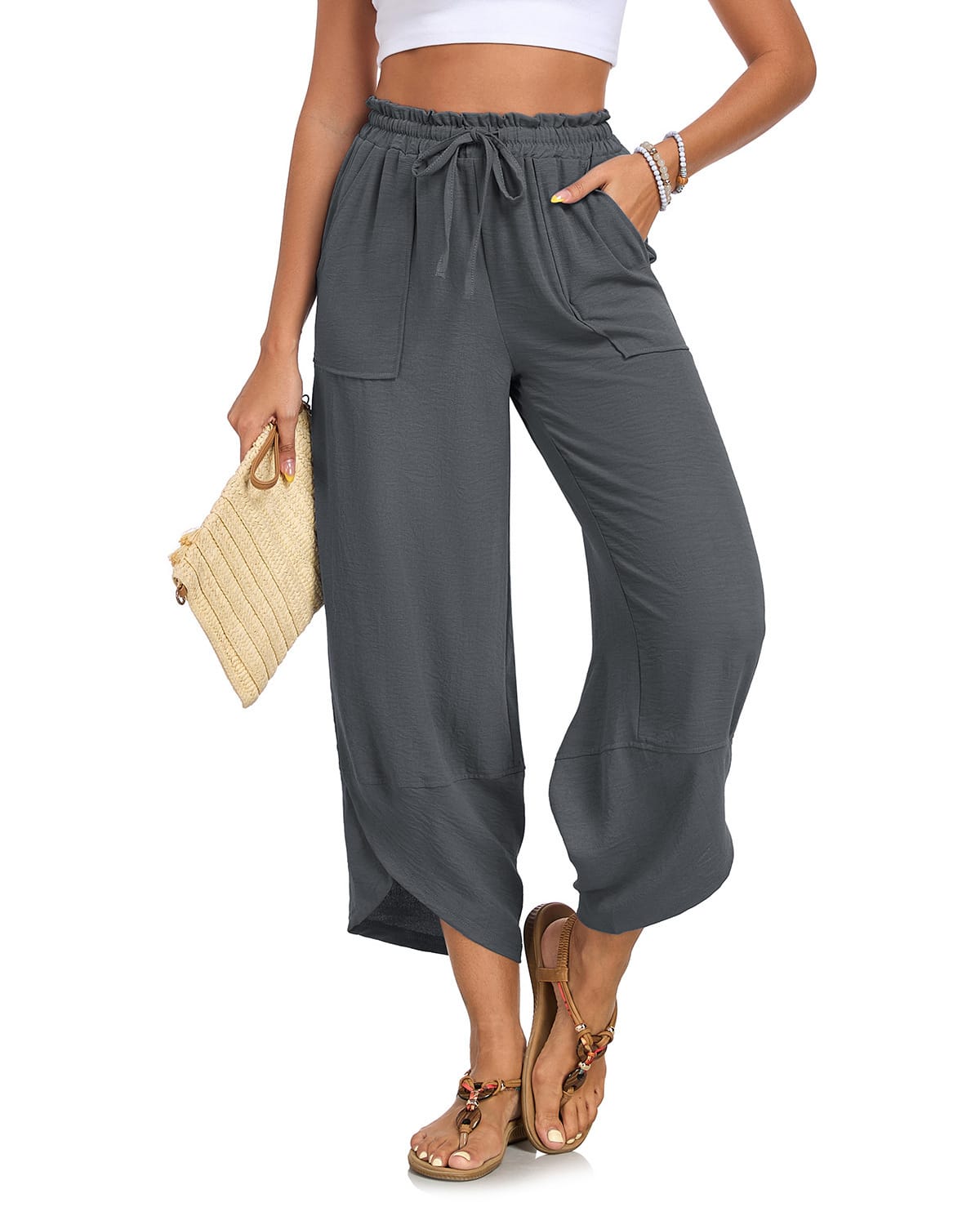 Women's Petal-Print Drawstring Elastic Waist Cropped Wide-Leg Pants - Image 4