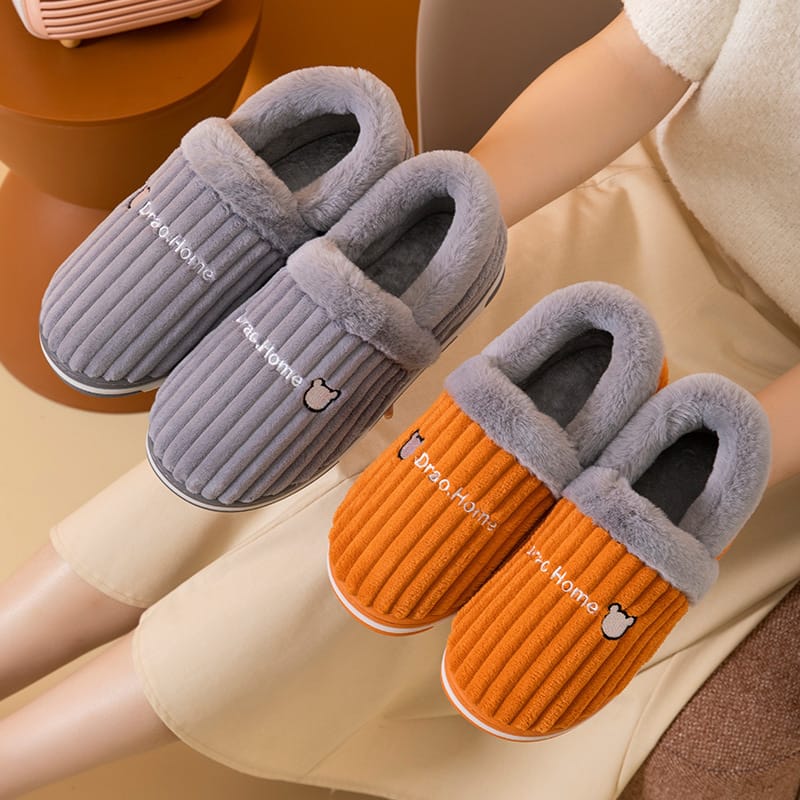 Corduroy Striped Faux Rabbit-Fur Slippers For Couples - Image 2