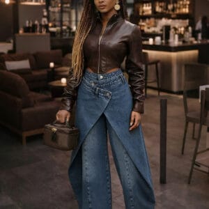 Retro High-waisted Cross-over Metal Buckle Irregular Wide-leg Pants