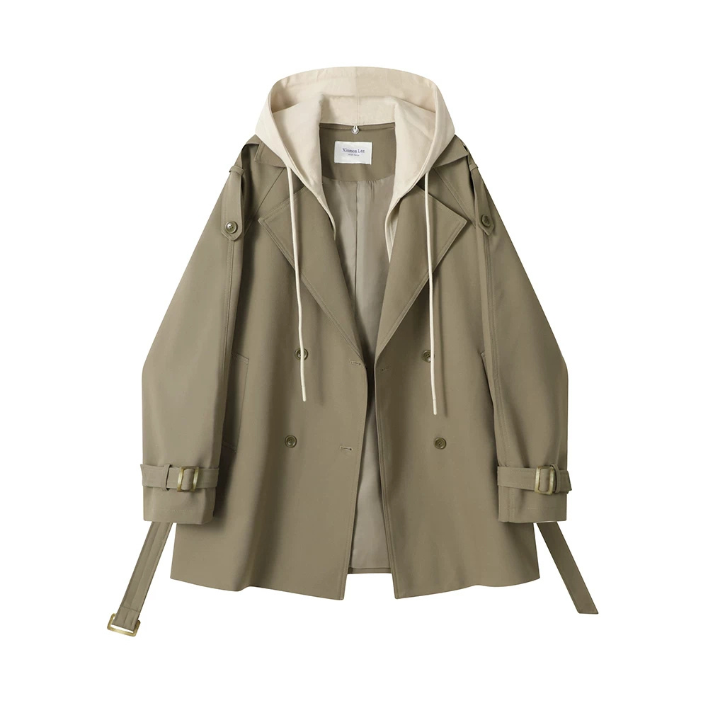 French Hepburn-style Faux Two-piece Hooded Trench Coat