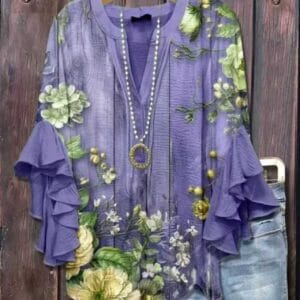 Printed Casual Trendy V-Neck Ruffle Hem T-Shirt