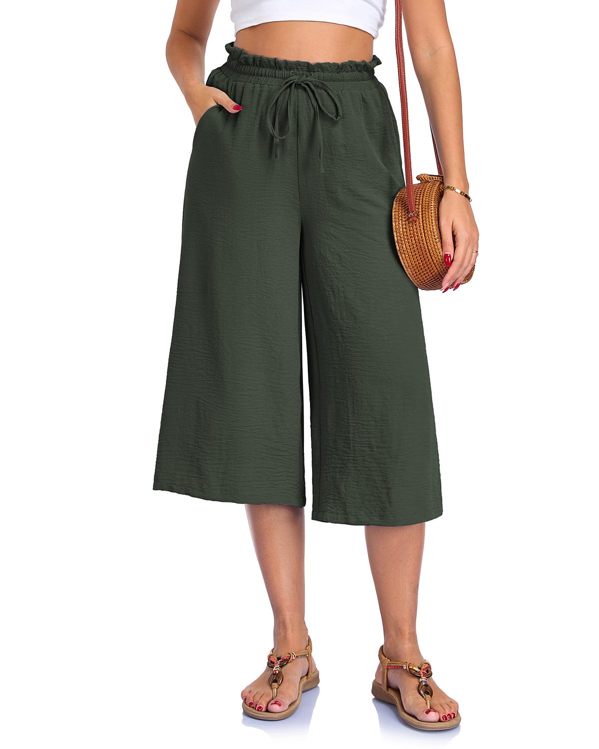 Women's Solid Color All-Match Elastic Cropped Pants Loose Wide-Leg Trousers - Image 8