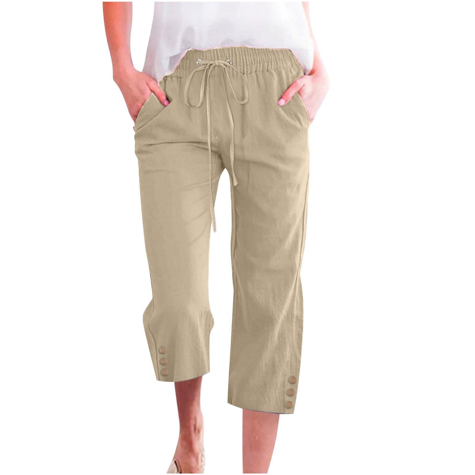 Womens Solid-Colored Drawstring Cotton-Linen Casual Loose-Fit Home Cropped Pants With Buttons And Pockets - Image 5