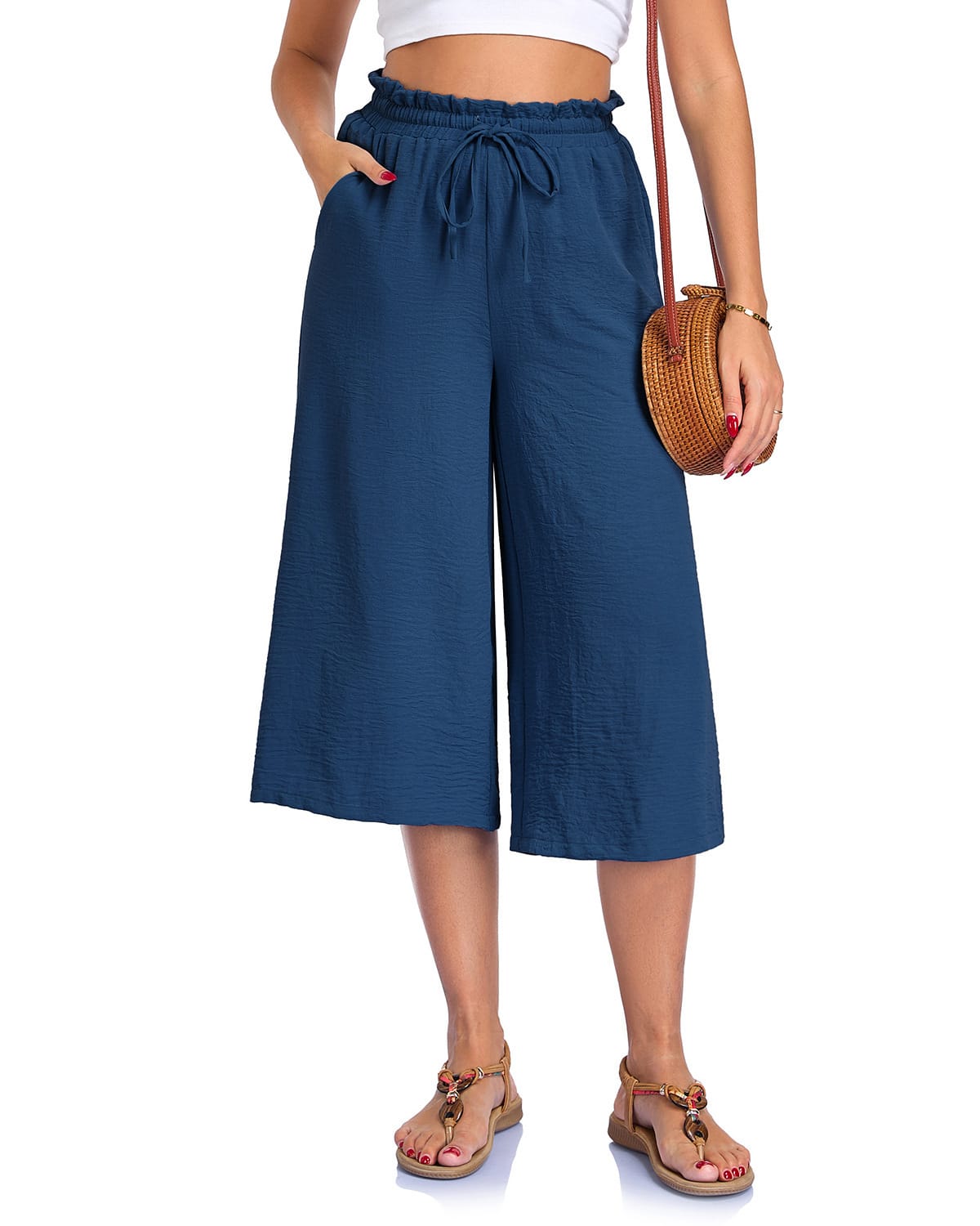 Women's Solid Color All-Match Elastic Cropped Pants Loose Wide-Leg Trousers - Image 6