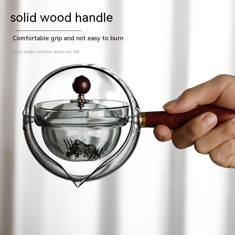Semi-automatic Rotary Heat-resistant Glass Teapot Lazy Tea Making With Infuser And Wooden Handle Office Home Accessories Kitchen Gadgets - Image 4