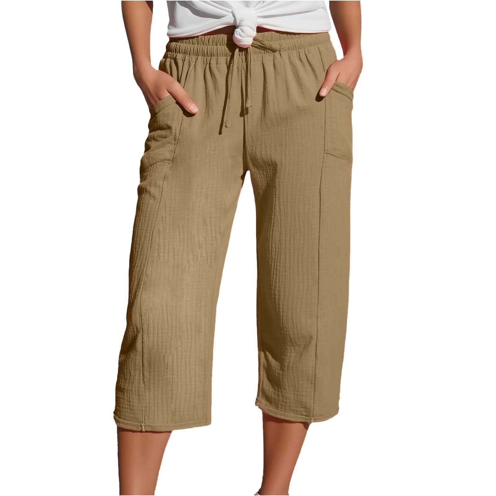 Women's Cotton-Linen Solid-Color Casual Cropped Pants With Elastic Waist - Image 5