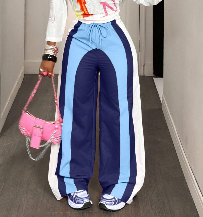Womens Casual Loose Drawstring Waist Contrasting Color Pants - Image 5
