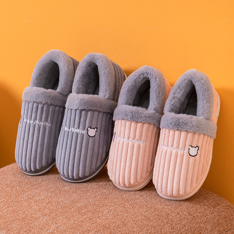 Corduroy Striped Faux Rabbit-Fur Slippers For Couples - Image 8