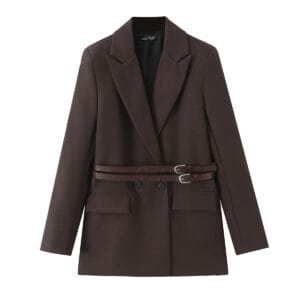Stylish Chic Urban Blazer With Double Waist Belts And Notch Lapels