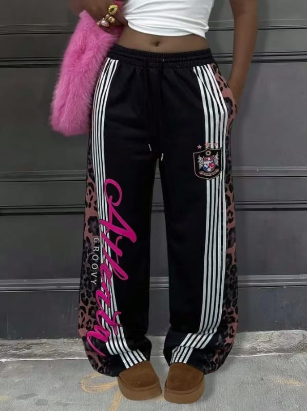 American Style Leopard Print Patchwork Sweatpants For Women, Side Stripes, Printed Letters, Trendy Street Style Casual Wide-Leg Pants