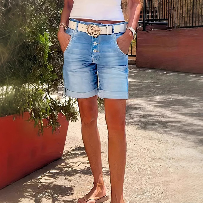 Womens High-Waist Denim Cropped Pants With Elastic Waist And Rolled Hem - Image 3