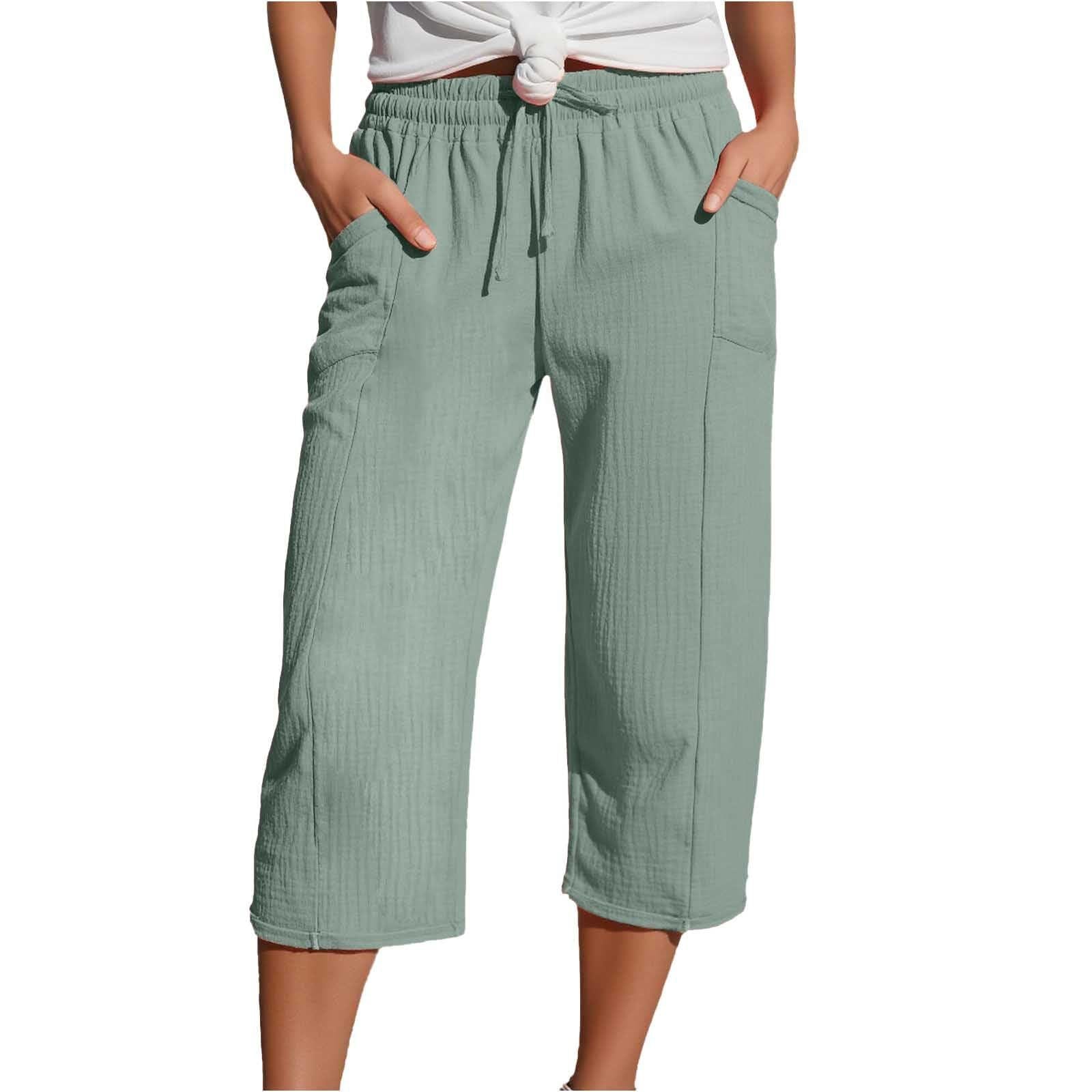 Women's Cotton-Linen Solid-Color Casual Cropped Pants With Elastic Waist - Image 10