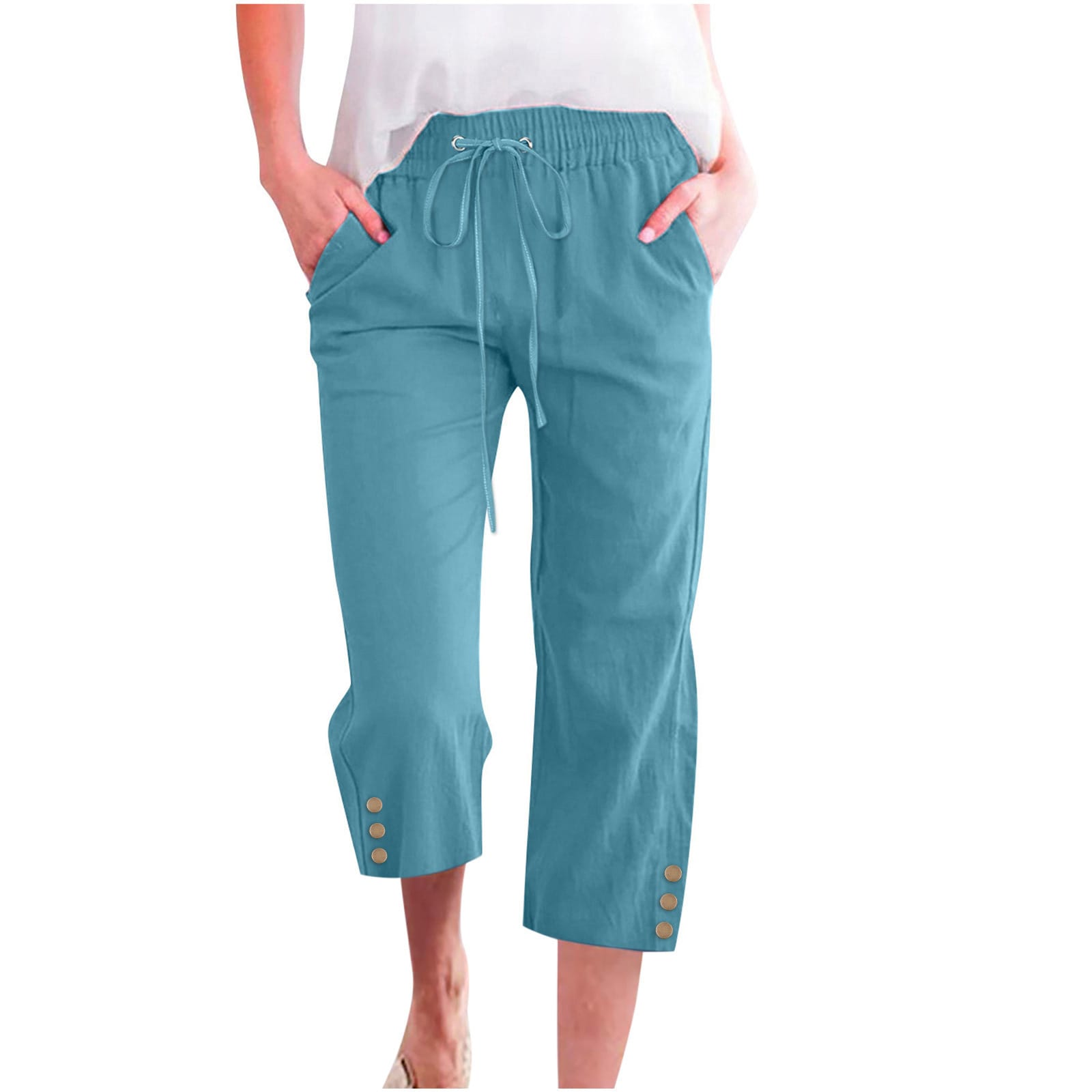 Womens Solid-Colored Drawstring Cotton-Linen Casual Loose-Fit Home Cropped Pants With Buttons And Pockets - Image 9