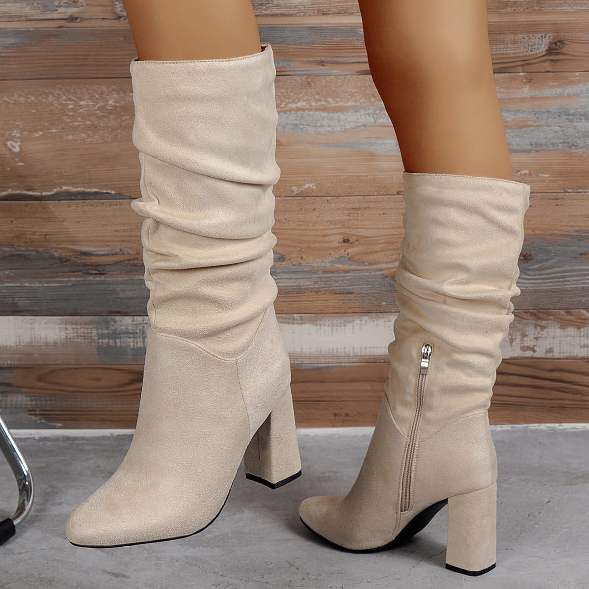 Wrinkled Chunky-heeled High-top Womens Boots - Image 5