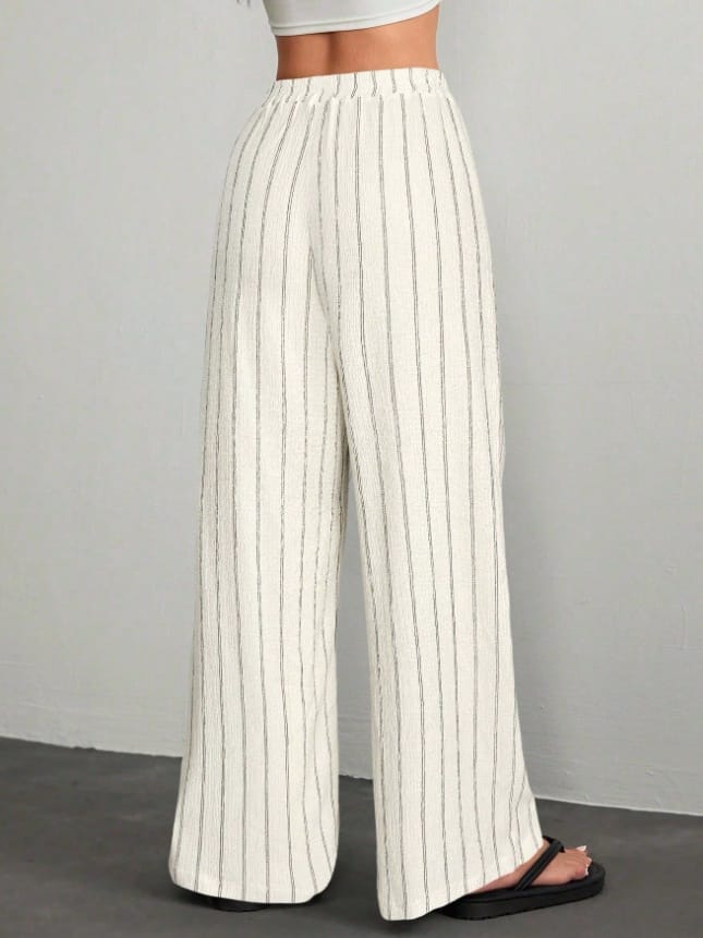 Textured Striped Wide-Leg Pants For Women, Elastic Waist Drawstring Casual Floor-Length Pants - Image 4