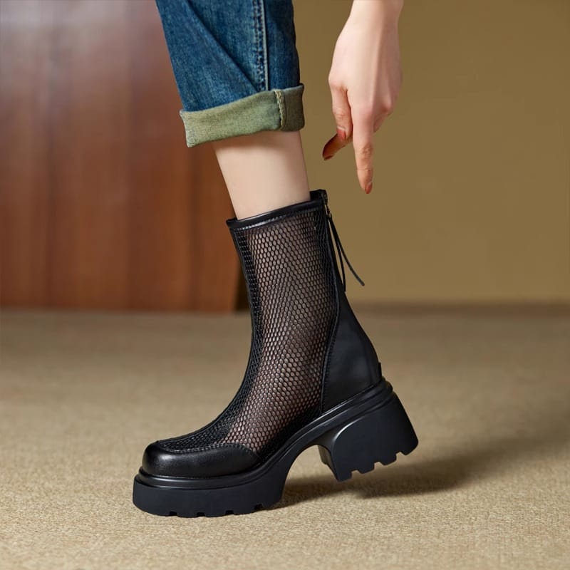 Summer Hollow Out Breathable Mesh Platform Chunky Heel Boot - Image 3