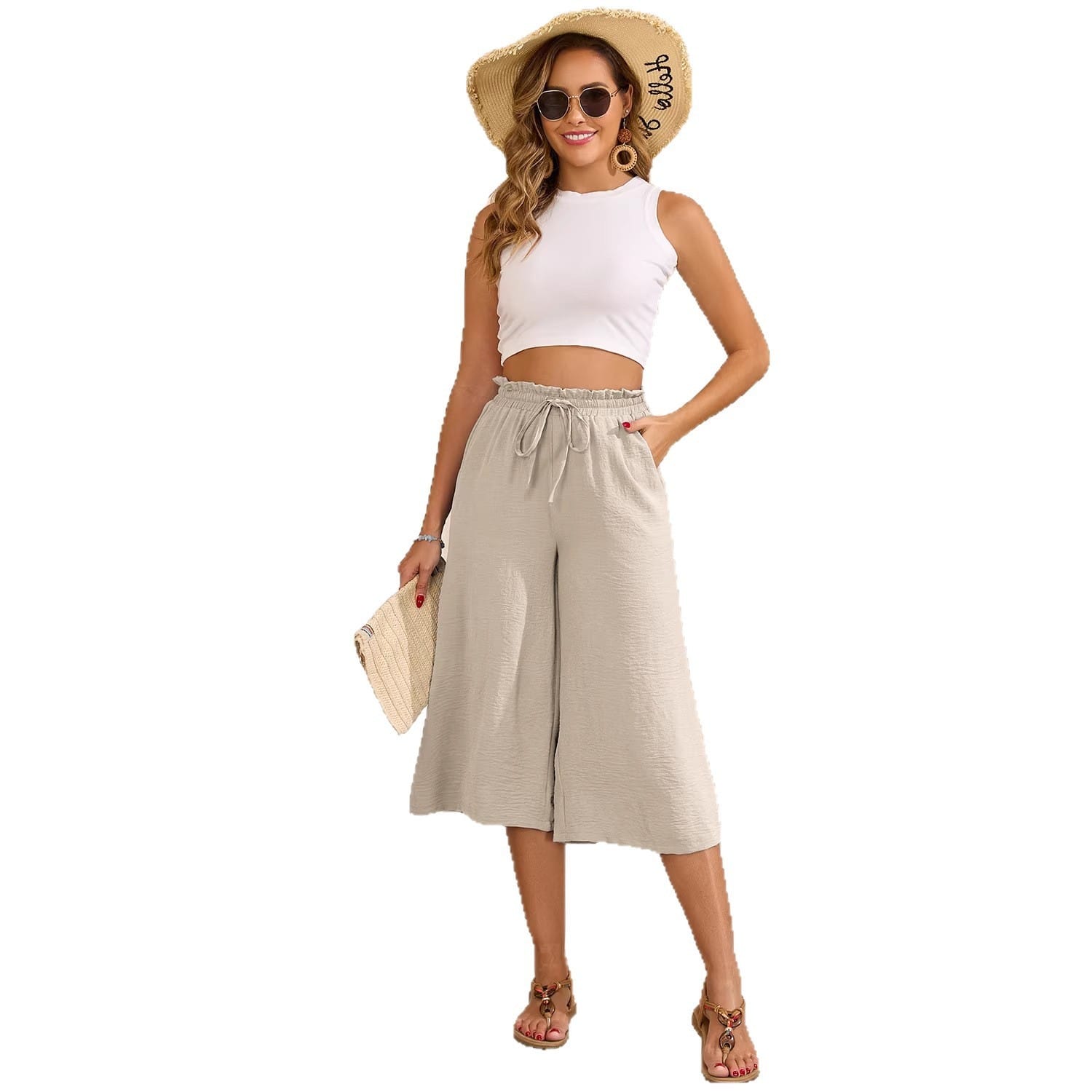 Women's Solid Color All-Match Elastic Cropped Pants Loose Wide-Leg Trousers - Image 2