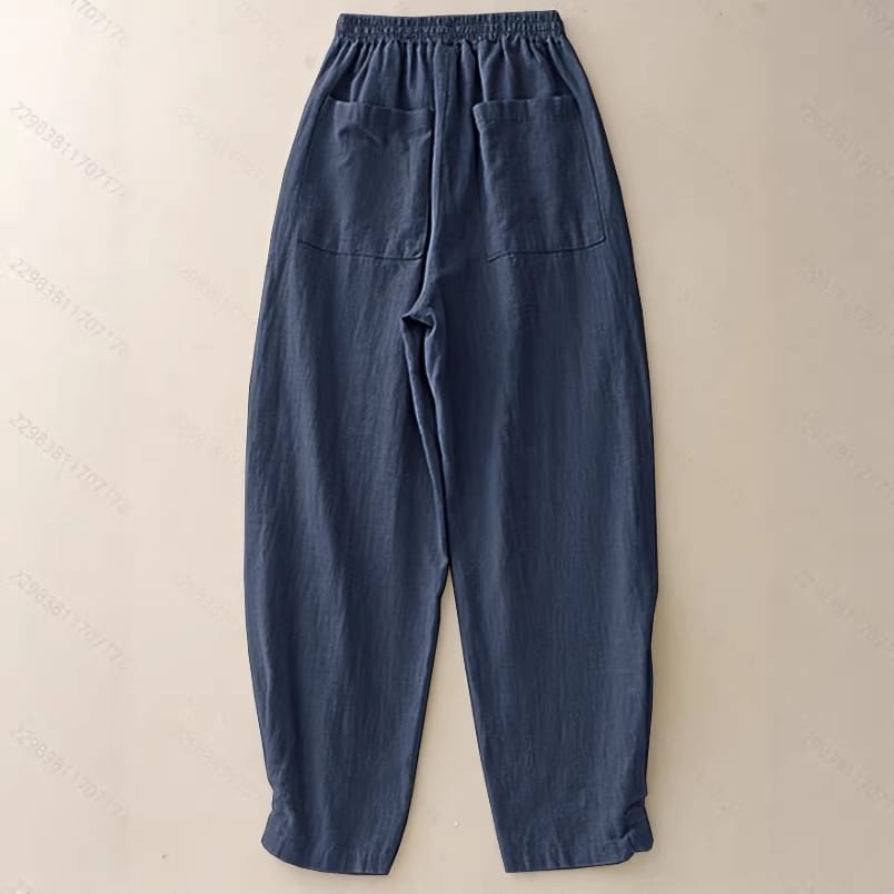 Navy Blue Cotton-Linen Ankle-Cinched Bloomer Pants For Women - Image 3