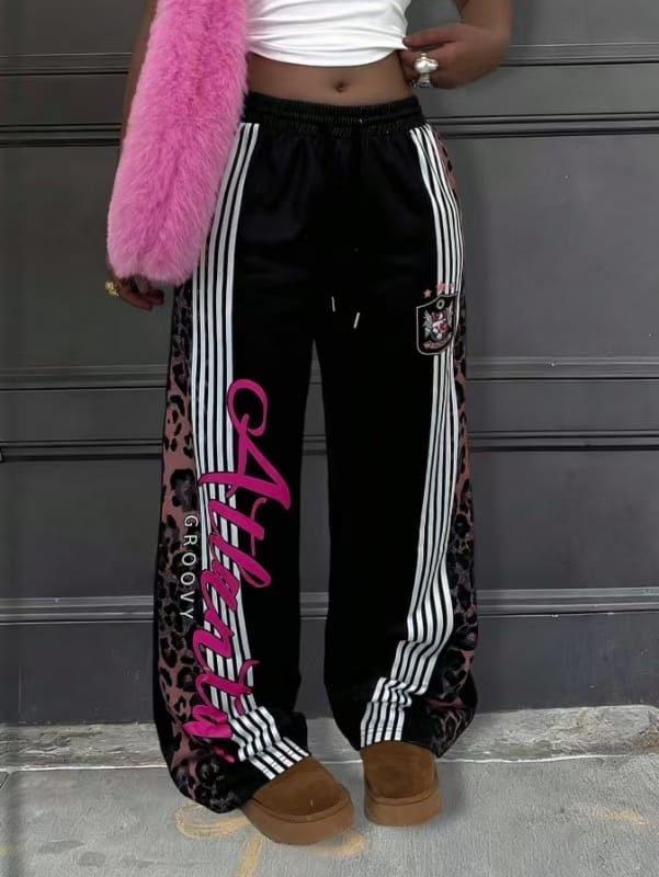 American Style Leopard Print Patchwork Sweatpants For Women, Side Stripes, Printed Letters, Trendy Street Style Casual Wide-Leg Pants - Image 2
