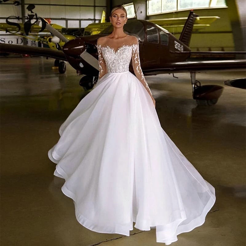 Embroidered Long Sleeve Off-the-shoulder Wedding Dress - Image 5